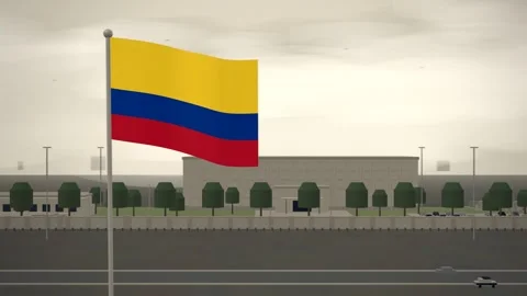 Colombia Flag Flying Over Embassy Compound Perimeter Wall seamless loop Stock Footage 345313171