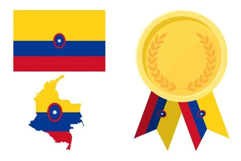 Colombia flag with map and gold medal in set for web and banners or app and.. Stock Illustration