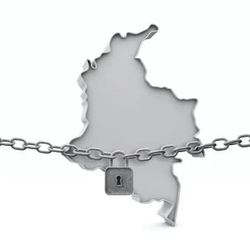 Colombia lockdown concept. Map with lock and chain. 3D Render 스톡 일러스트
