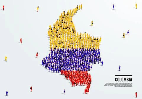 Colombia Map and Flag. A large group of people in the Colombia flag color. Stock Illustration
