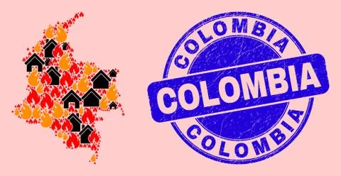 Colombia Map Mosaic of Flame and Buildings and Textured Colombia Seal Stamp Ilustración de archivo