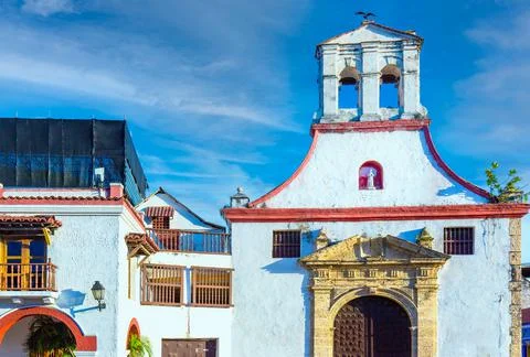 Colombia, Scenic colorful streets of Cartagena in historic Getsemani district Stock Photos