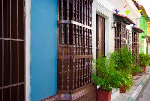 Colombia, Scenic colorful streets of Cartagena in historic Getsemani district Stock Photos