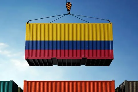 Colombia trade cargo container hanging against clouds background Stock Photos