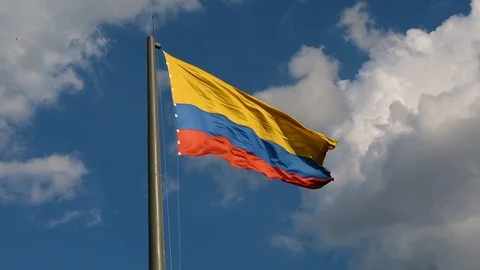 Colombian flag up high on the pole in fast wind Stock Footage 101211154