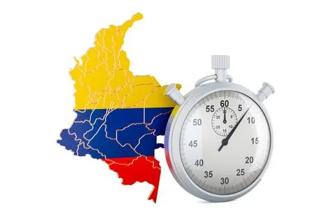 Colombian map with stopwatch, 3D rendering Illustrazione stock