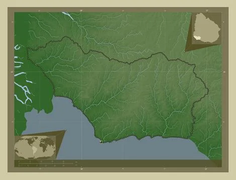 Colonia, Uruguay. Elevation map colored in wiki style with lakes and rivers 库存插图