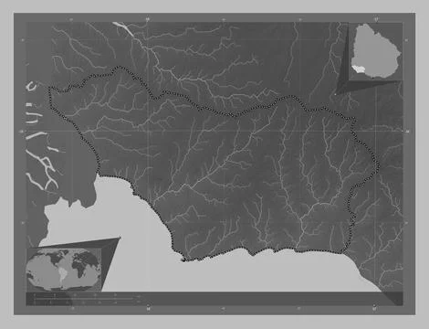 Colonia, Uruguay. Grayscale elevation map with lakes and rivers Illustrazione stock