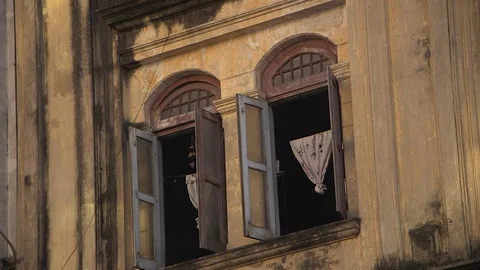Colonial Architecture Windows in a neglected building Stock Footage 114826351