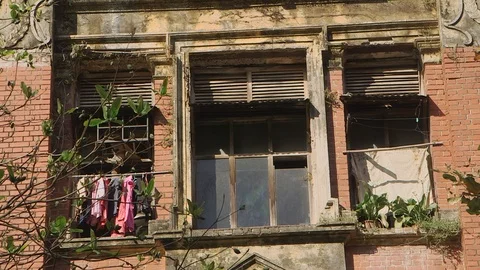 Colonial  British Architecture: Dilapidated Window. Yangon colonial heritage Stock Footage 114826597