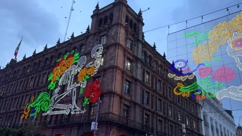 Colonial building decorated with luminous ornaments, Day of the Dead. CDMX Stock Footage 291578956