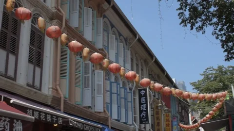 Colonial Building Facades and Lanterns, Chinatown Street Market, Singapore Stock Footage 109537574
