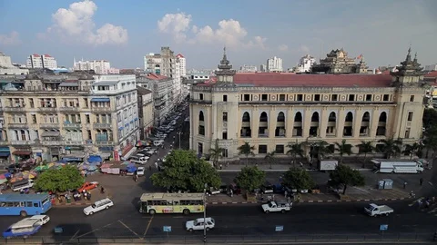Colonial buildings, traffic, Myanmar Stock Footage 102642100