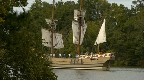 Colonial Era Godspeed boat Canon firing ... | Stock Video | Pond5