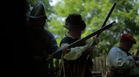 Colonial Era Soldiers - Load &amp; Fire Muskets Stock Footage 63498743