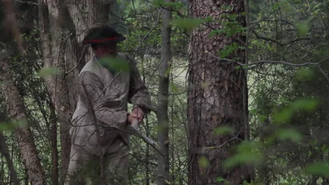 Colonial Farmer working and Chopping a Tree with an Axe - Re-enactor Portrayal Stock Footage 170944052