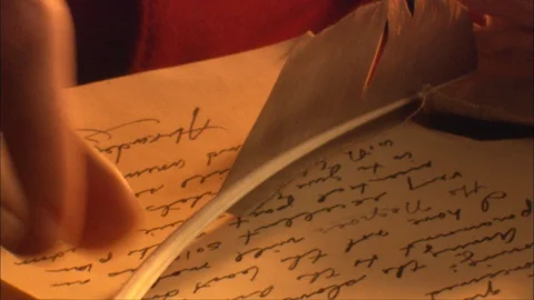 Colonial Man Writes With Quill At Table By Candle Light Stock Footage 92085299