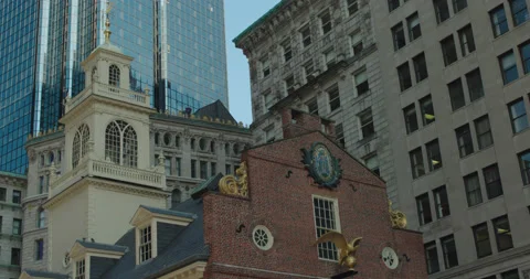 Colonial Old State House low angle steeple tower handheld in Boston Stock Footage 219201640