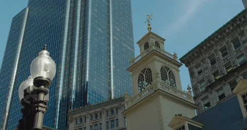 Colonial Old State house tower in Boston steeple tower handheld Stock Footage 219210024