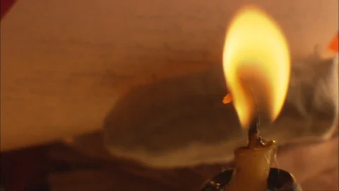 Colonial Soldier Writes With Quill At Table By Candle Light Stock Footage 92085538