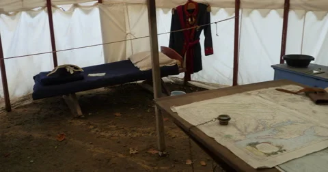 Colonial War Room Map on Table Officer Tent Revolutionary War, 4K Stock Footage 68820300