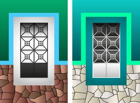 Colonial window vector illustration set, colorful rustic stone frame. Ilustración de archivo