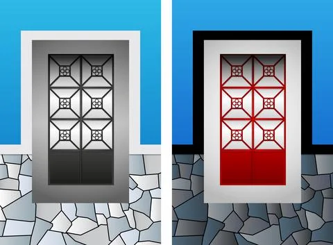 Colonial window vector illustration set, colorful rustic stone frame. Ilustración de archivo