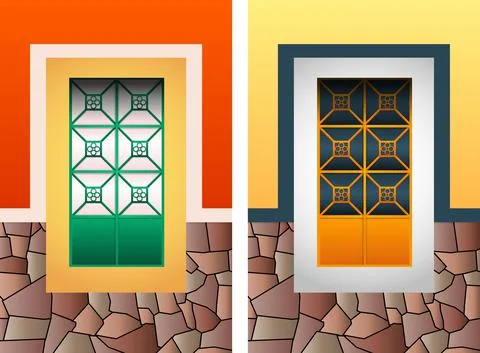 Colonial window vector illustration set, colorful rustic stone frame. Stock Illustration