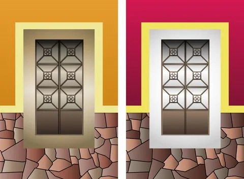 Colonial window vector illustration set, colorful rustic stone frame. Stock Illustration