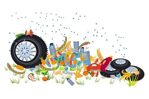 Colonies of flies fly over leftover food on the ground. Stock Illustration