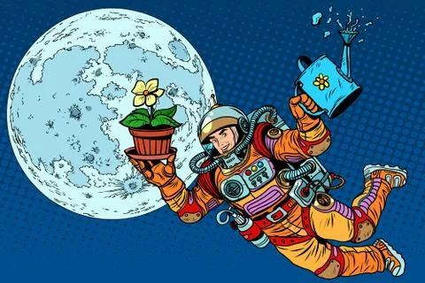 Colonization moon astronaut plants Stock Illustration