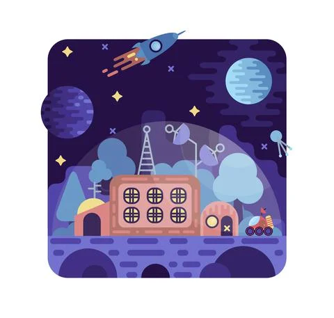 Colonization of planet, space station with trees under a dome Stock Illustration