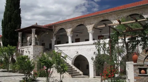 Colonnade and backyard of Greek monastery Stock Footage 40353389