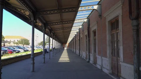 Colonnade passage next to the central train station in Cadiz, Spain. Stock Footage 248853883
