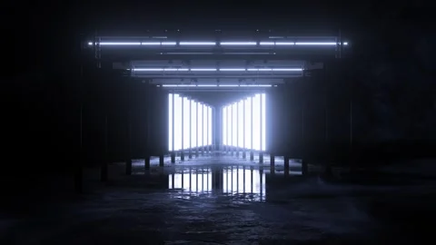 Colonnade of white light panels expanding and fading in darkness Stock Footage 346781496