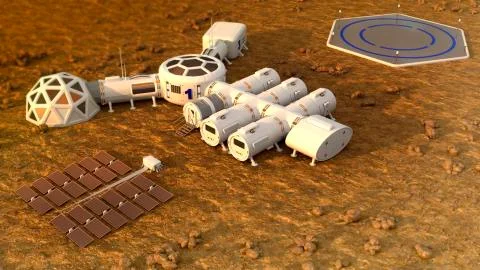 The colony on Mars. Autonomous life on Mars. 3D rendering Stock Illustration