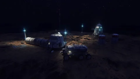 Colony of Mars. Exploration expedition. Mars night base. 3d animation. Stock Footage 139096670