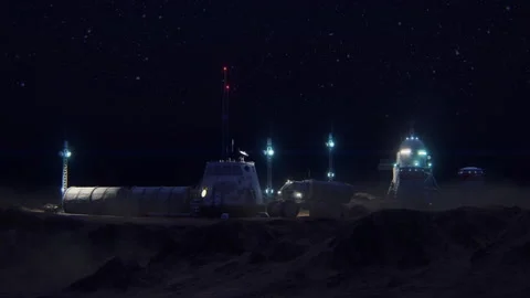 Colony of Mars. Exploration expedition. Mars night base. 3d animation. Stock Footage 139096683