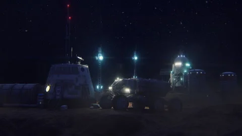 Colony of Mars. Exploration expedition. Mars night base. 3d animation. Vidéo 139096684