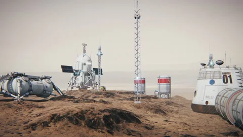 Colony of Mars. Exploration expedition to the planet. Mars base. 3d animation. Stock Footage 139095992