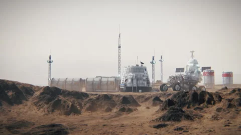 Colony of Mars. Exploration expedition to the planet. Mars base. 3d animation. Vidéo 139096291