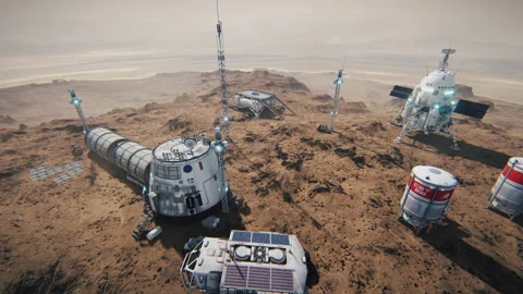 Colony of Mars. Exploration expedition to the planet. Mars base. 3d animation. Vidéo 139096399