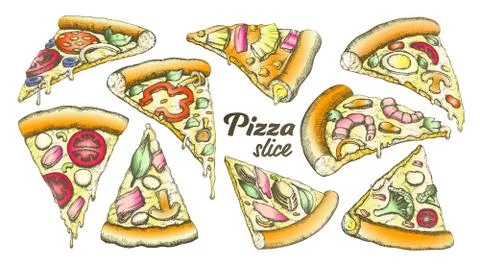 Color Assortment Different Slice Pizza Set Ink Stock Illustration