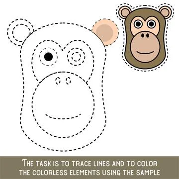 Color Baboon Face. Restore dashed lines. Color the picture elements. Page to  Illustrazione stock