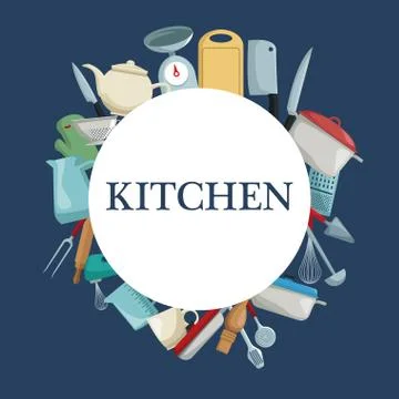 Color background with circular border with different elements kitchen Stock Illustration