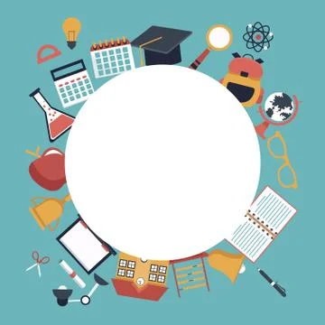 Color background with circular frame empty and set school elements icons around Stock Illustration