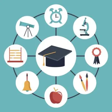 Color background with circular frame of graduation cap connected to elements Illustrazione stock