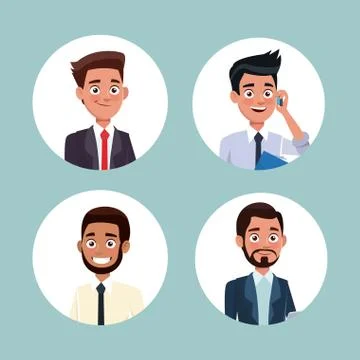 Color background with circular frame icons set half body men characters for Stock-Illustration