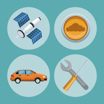 Color background of circular frame set with elements car satellite search and Stock Illustration