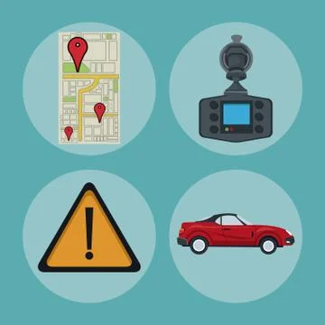 Color background of circular frame set with elements car location gps Stock Illustration